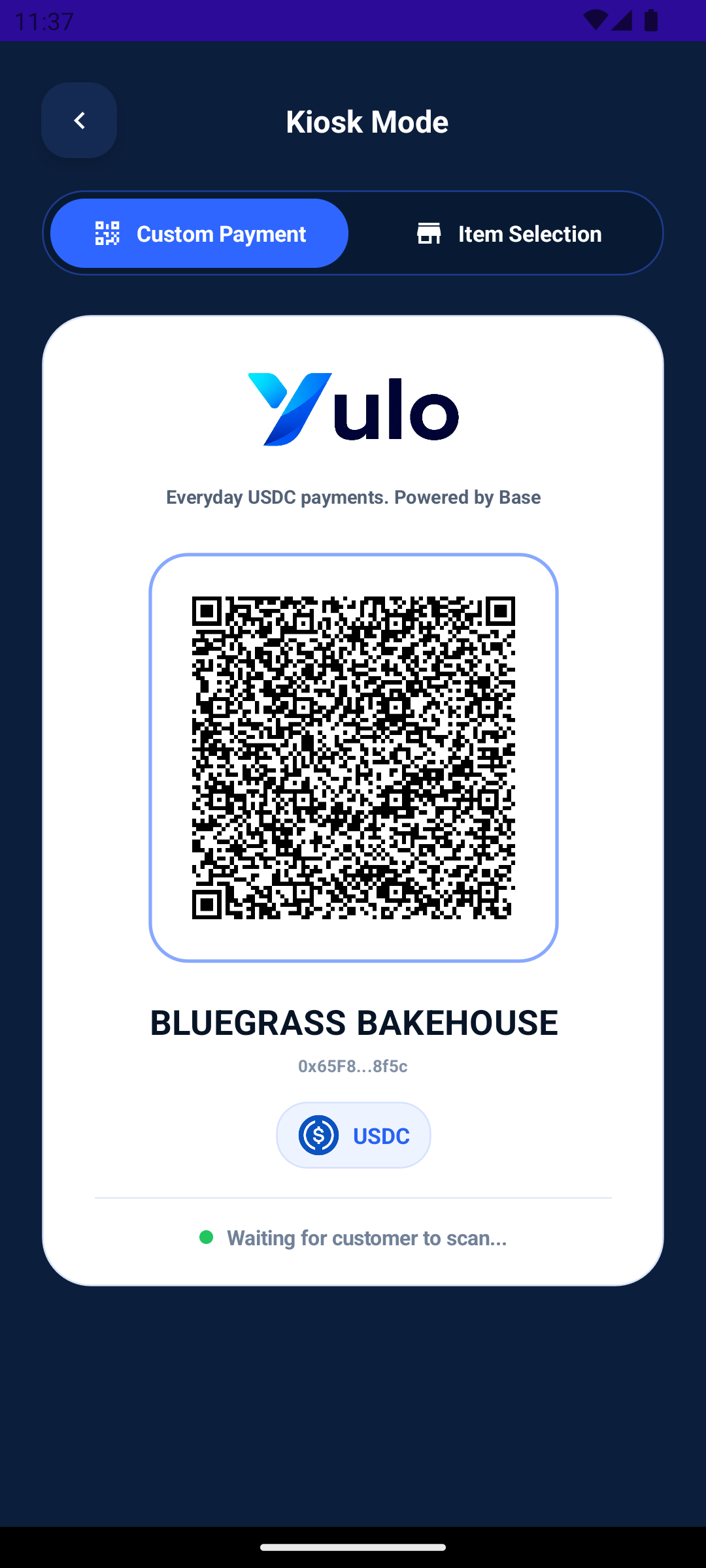 Yulo Kiosk Mode custom payment QR
